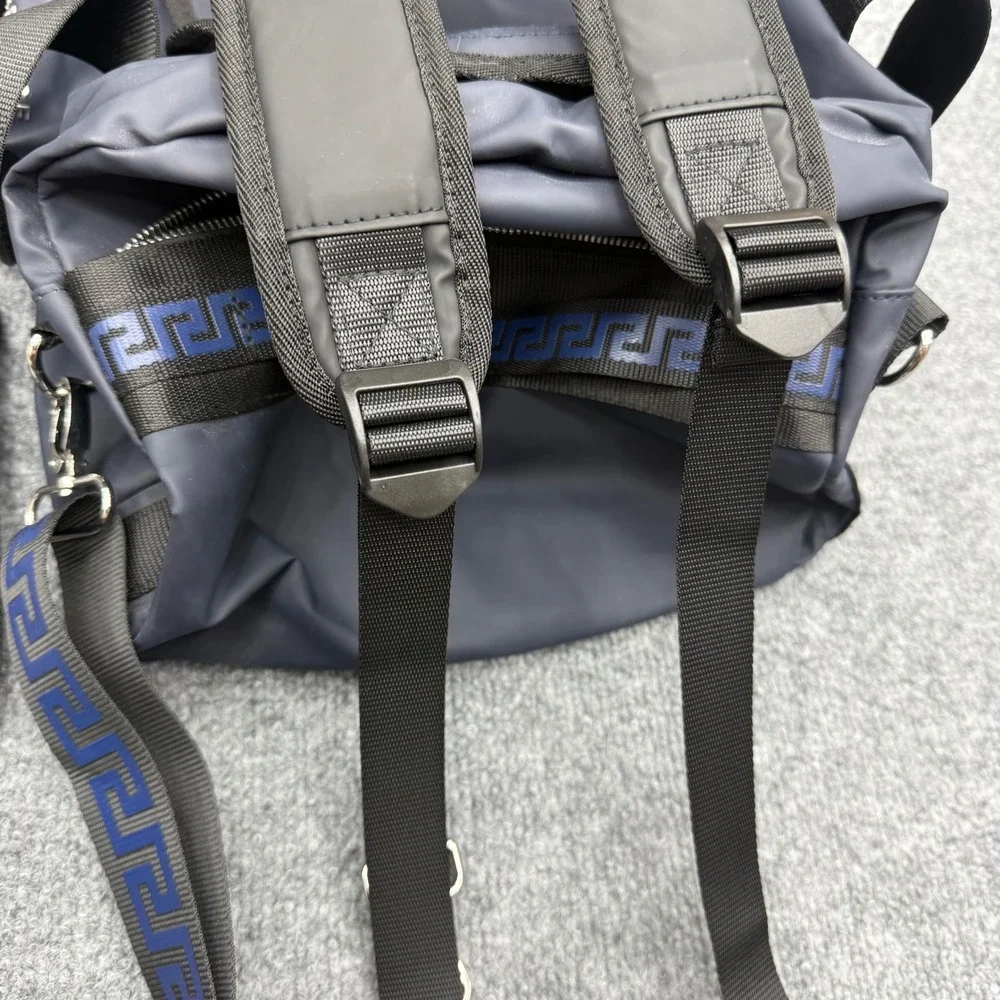 Versace Parfums Navy Blue Nylon Duffel Weekend Bag Greca Pattern Backpack Straps